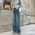 Women's retro blue high-waisted straight leg jeans shown in cropped, standard, and lengthened styles.