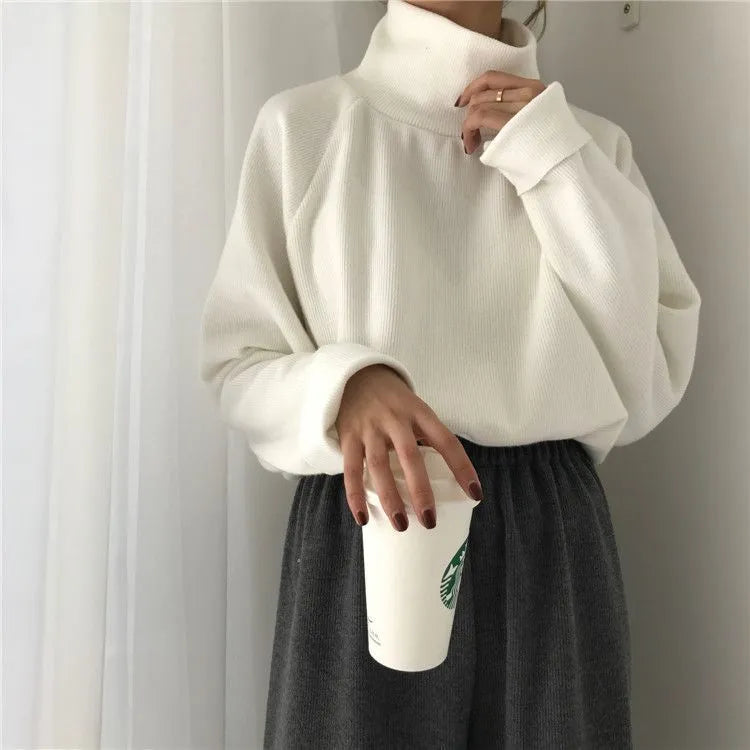 Women's solid colour half-high collar long sleeve loose top in apricot