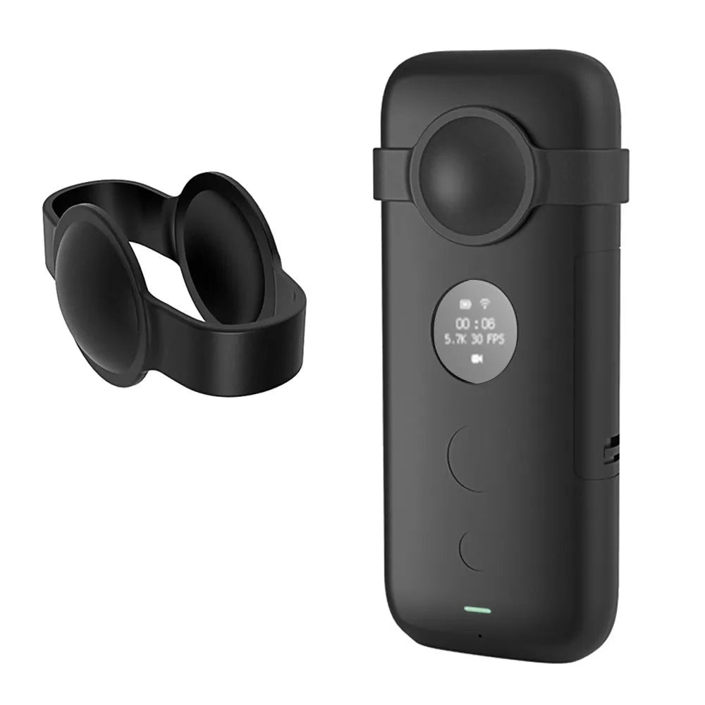 Black silicone protection case for Insta360 One X camera showing precise hole positioning