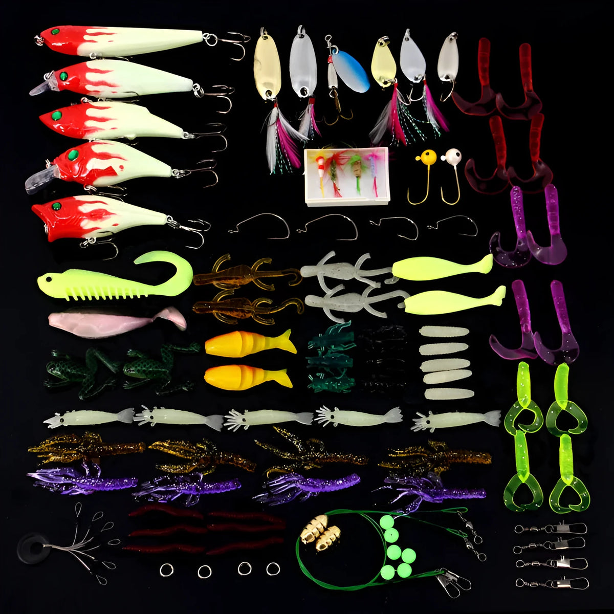 100-piece freshwater fishing lure set in mixed colours with box, plastic and high carbon steel, 20 x 10 x 4.5 cm