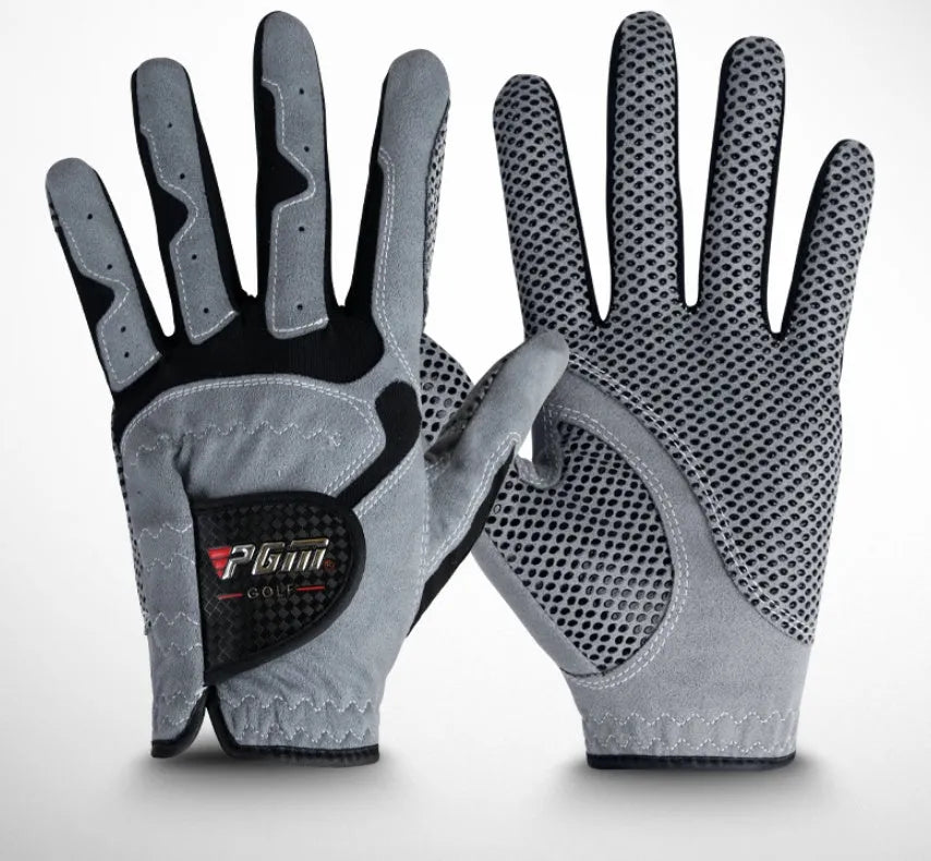 Blue golf microfiber glove with split fingers and anti-skid particles