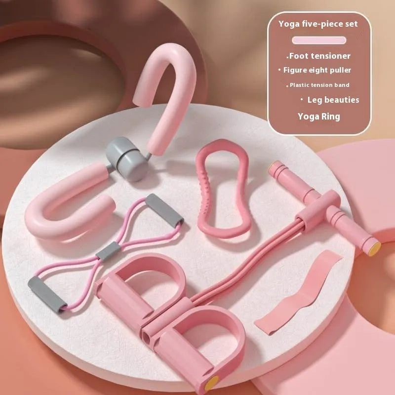 Yoga four-piece fitness set with leg stretcher, circular yoga ring, pedal device, and figure-eight tension rope on a light background.