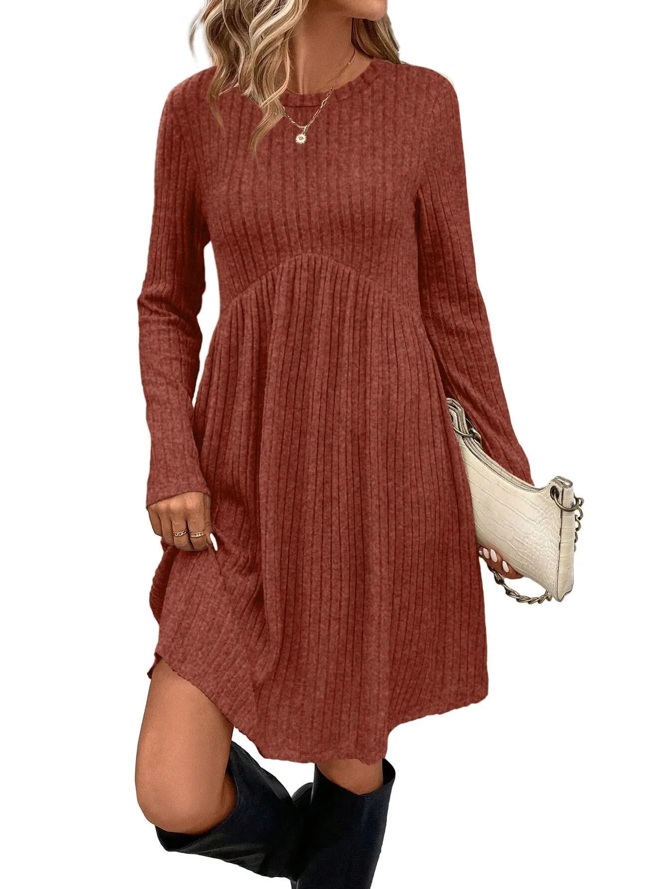 Women's solid colour bohemian brushed stripe princess dress in khaki with wide waist and mid-length skirt