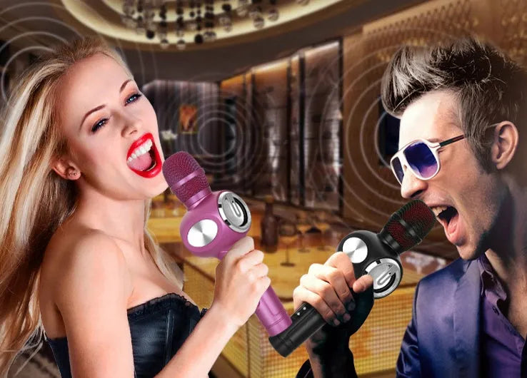 Yaerjia E108 black portable karaoke microphone with built-in speaker and echo effects.