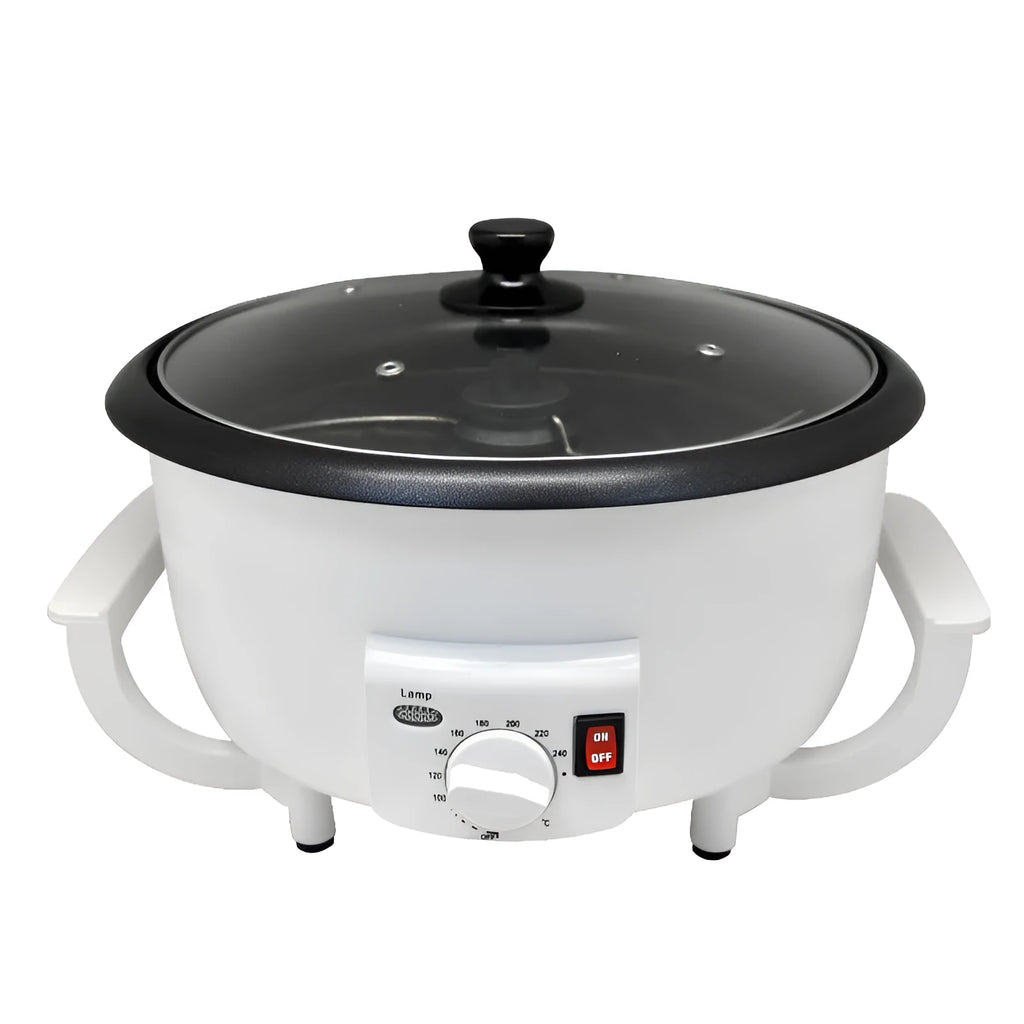 White oblate countertop coffee roasting machine with a 750g capacity for home use.
