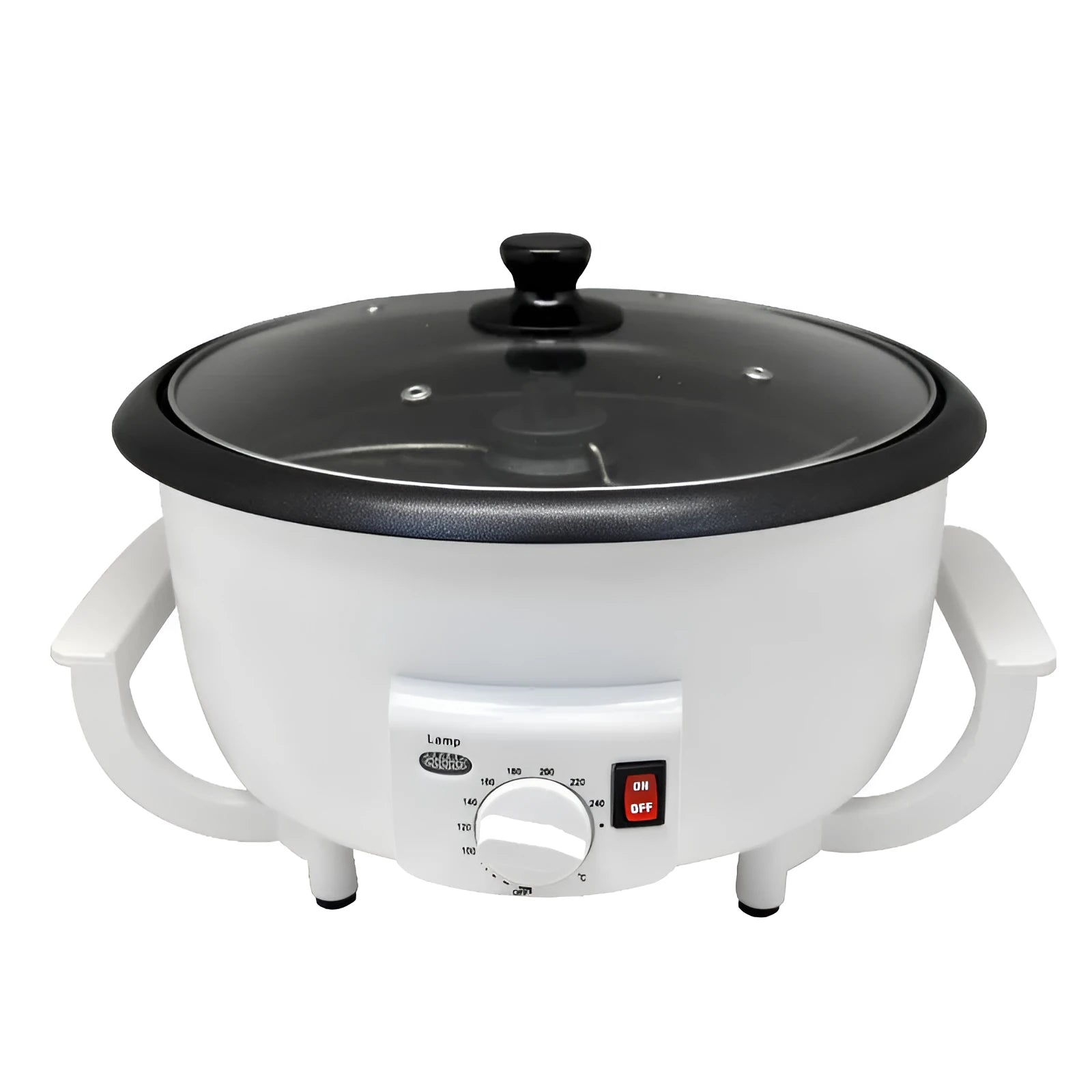 White oblate countertop coffee roasting machine with a 750g capacity for home use.