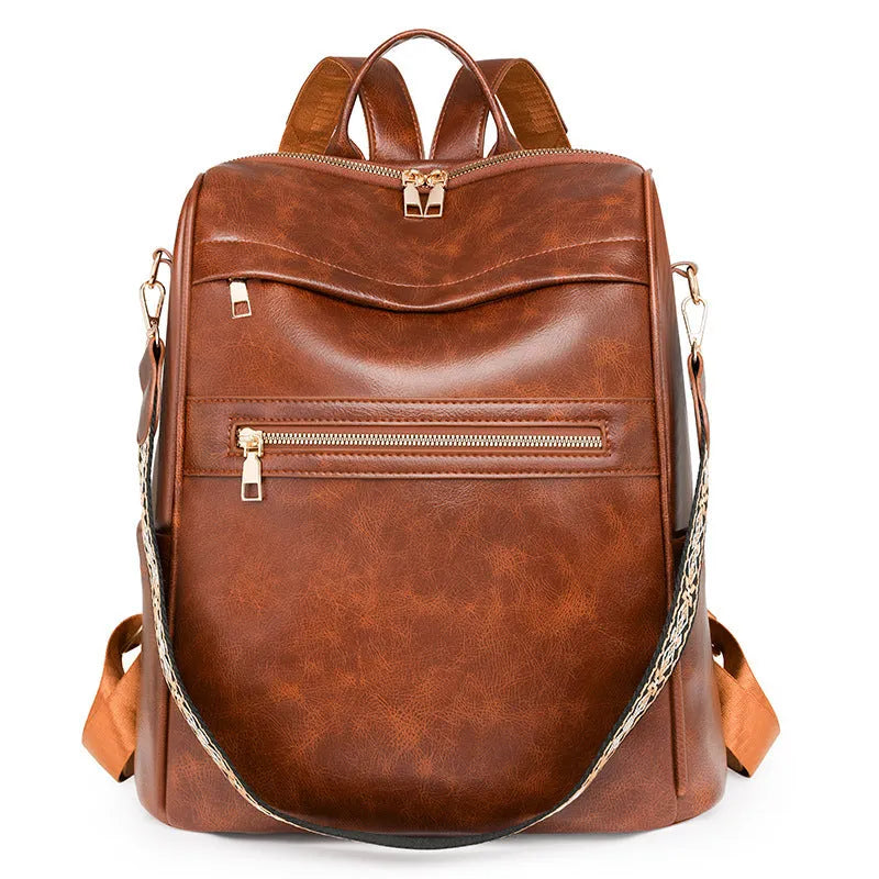 Retro PU backpack in black with multiple compartments, waterproof and wear-resistant, for daily use.