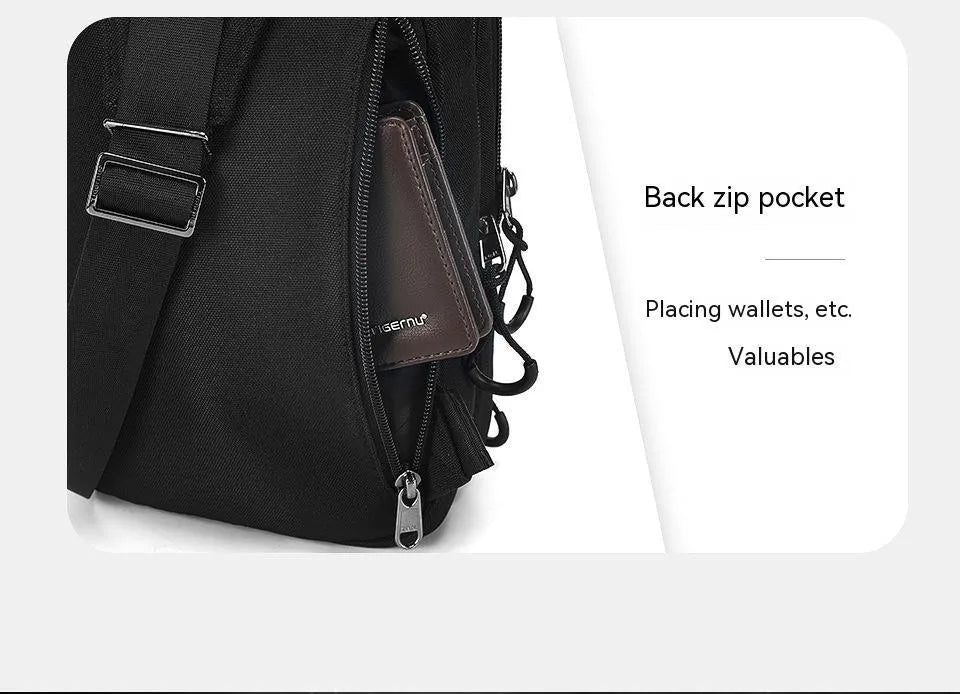 Casual black TPU camouflage chest bag with adjustable strap and front sandwich pocket on a person.