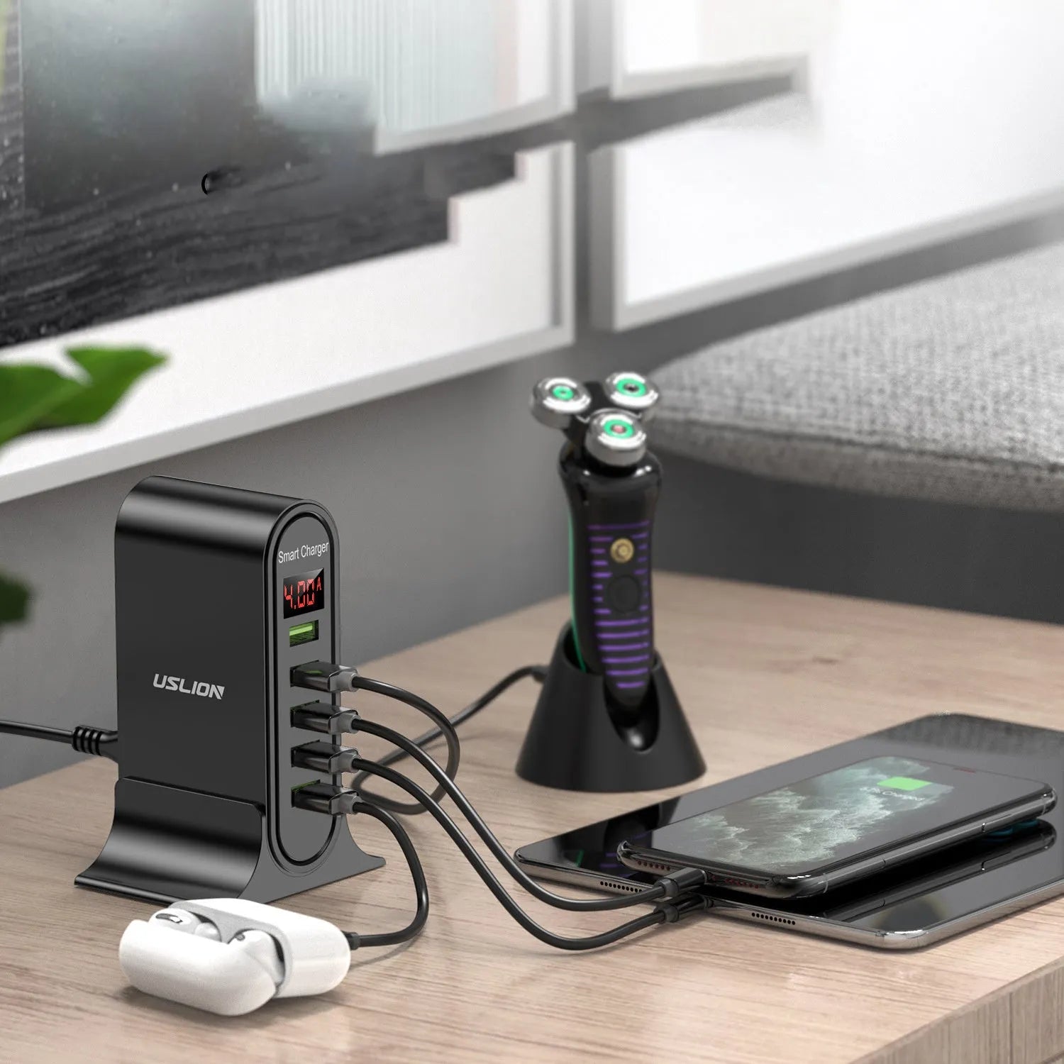 Black and white smart USB wall chargers with LED digital displays and UK plugs
