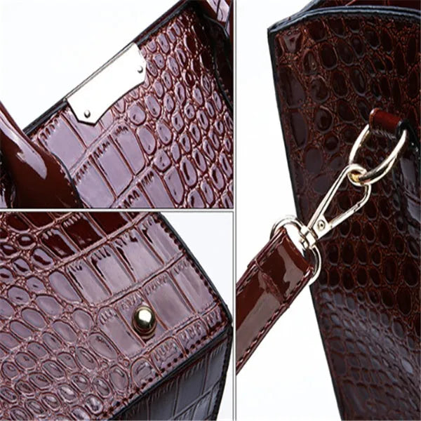 Women's diagonal cross body PU bag, 25x29x10cm stone tote in black with crocodile pattern
