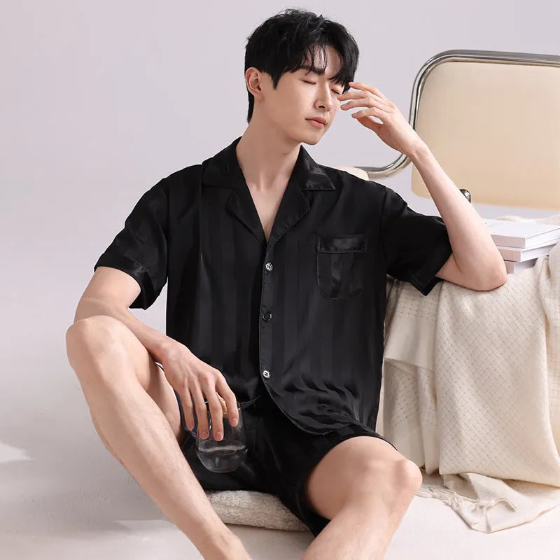 Men's ice silk pyjama cardigan set in artificial silk fabric with shorts, available in multiple satin jacquard patterns