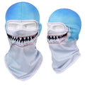 Breathable bakool silk motorcycle skull face mask showing graphic design, laid flat to show 36cm by 29cm size.