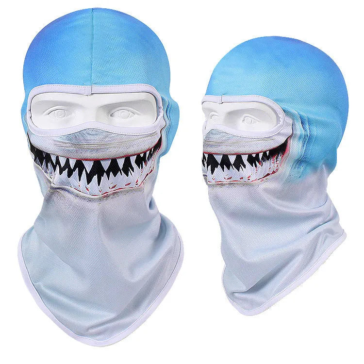 Breathable bakool silk motorcycle skull face mask showing graphic design, laid flat to show 36cm by 29cm size.