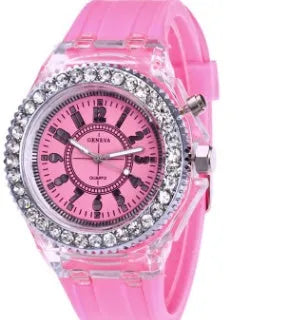 Geneva women's quartz watch with luminous LED display on silicone strap in multiple colours
