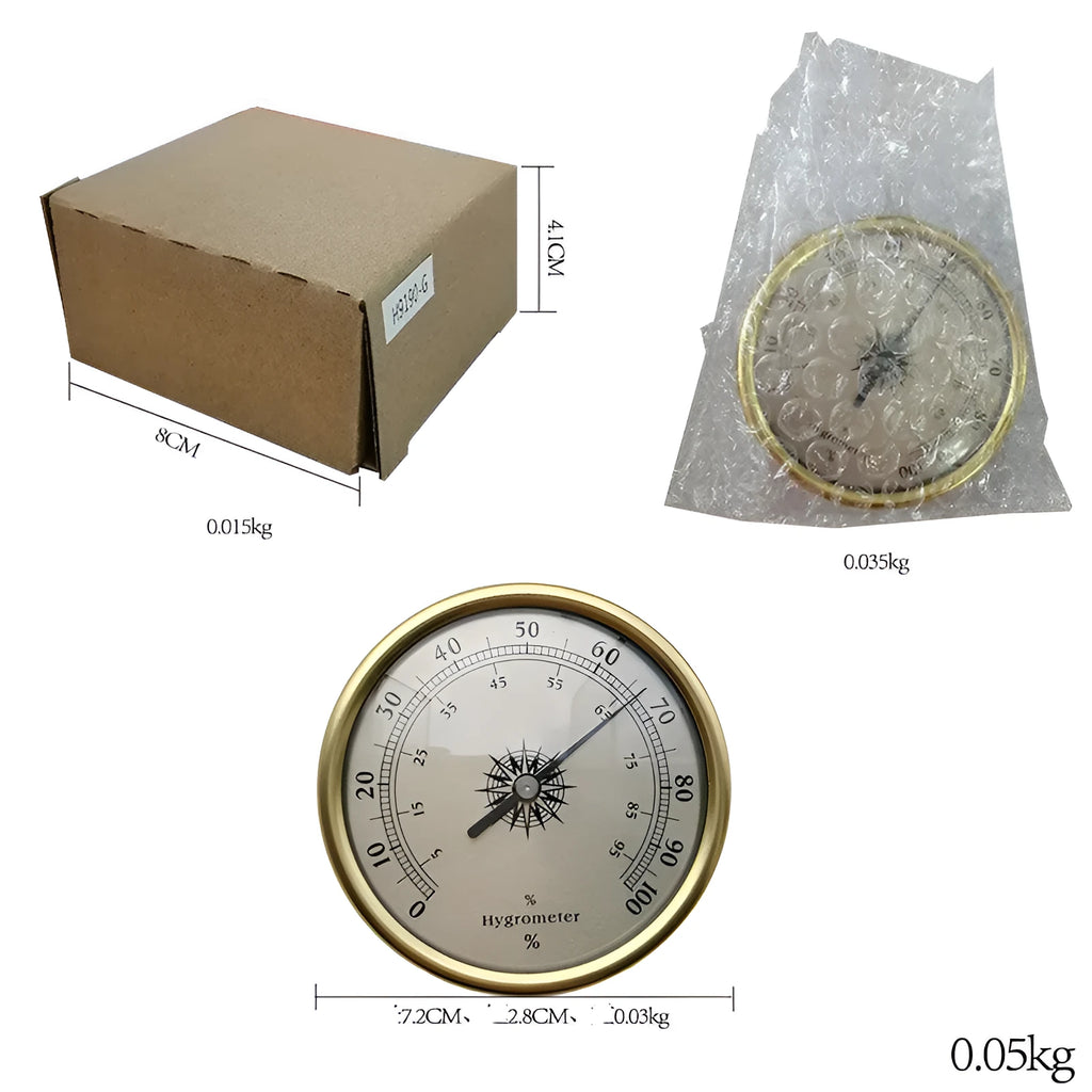Silver aluminium analog thermometer and hygrometer on a white background.