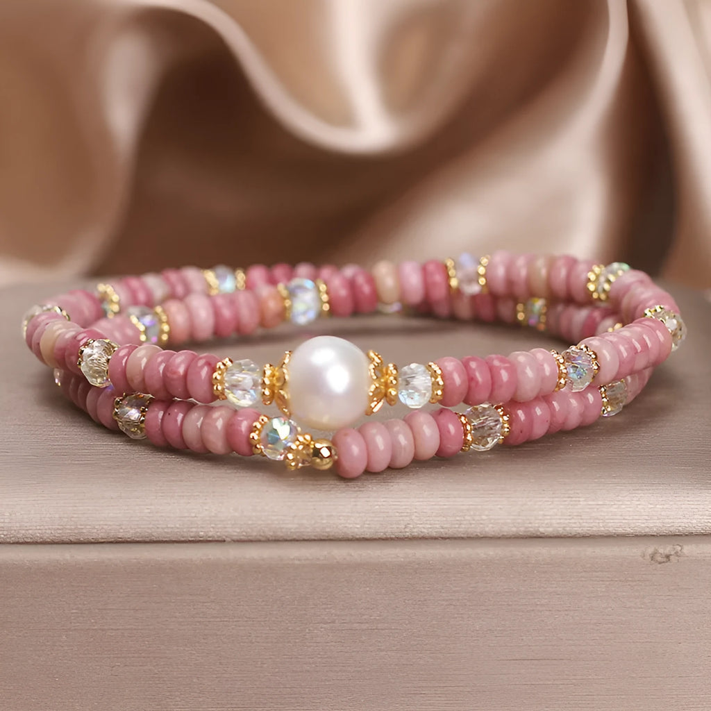 Natural red rhodochrosite and imitation pearl bracelet with chalcedony lotus seedpod pendant for women