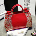 Patent leather handbag with sequin bead embroidery in blue, adjustable shoulder strap, crossbody style