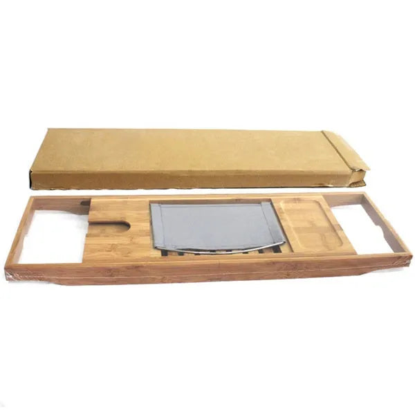 Natural bamboo bathtub storage frame for desktop installation in a bathroom.