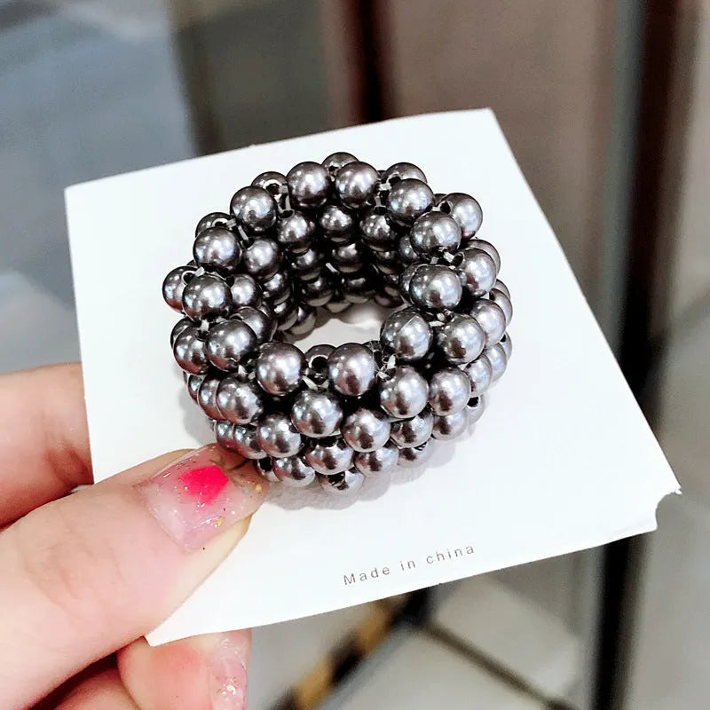Fashion handmade beaded hair rope with imitation pearl beads in four colours black pink silver white