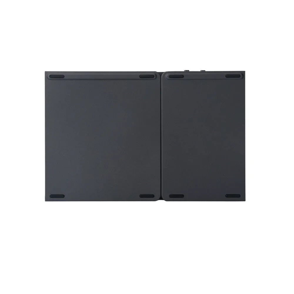 Black tri-fold folding Bluetooth keyboard with touchpad, shown both folded and unfolded