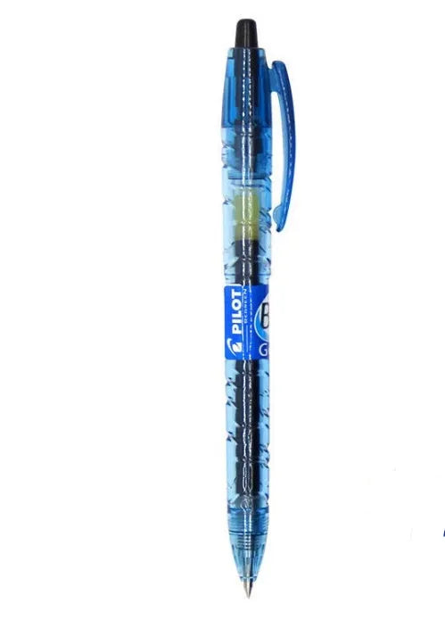 0.5mm press gel pen with transparent blue barrel showing refill colour
