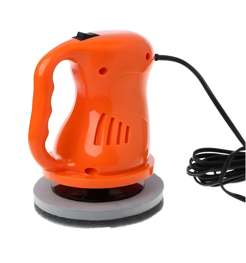 12V car polishing machine with ergonomic handle, thick cigarette lighter cord, black and orange colours