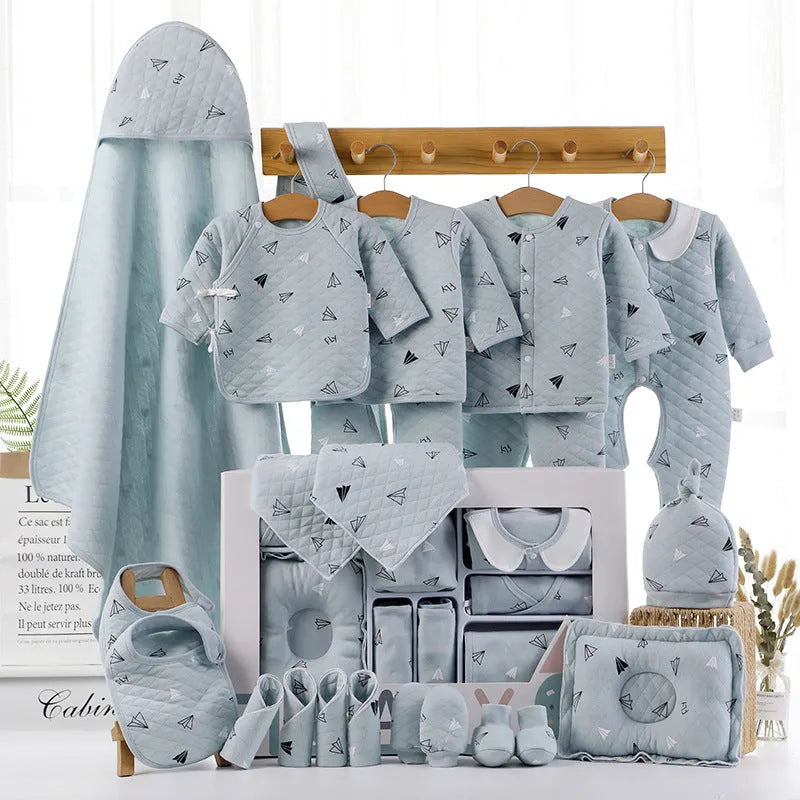 Baby cotton clothes gift box with 22-piece long sleeve cardigan set in pink and blue cartoon patterns
