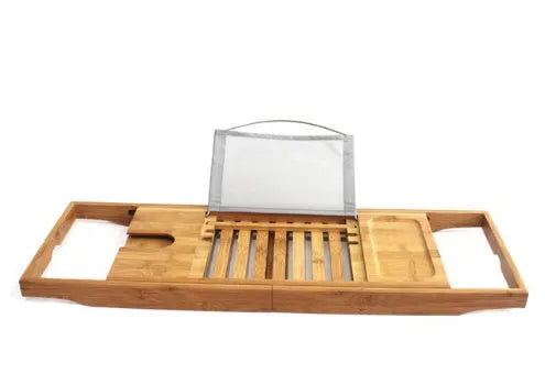 Natural bamboo bathtub storage frame for desktop installation in a bathroom.