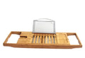 Natural bamboo bathtub storage frame for desktop installation in a bathroom.