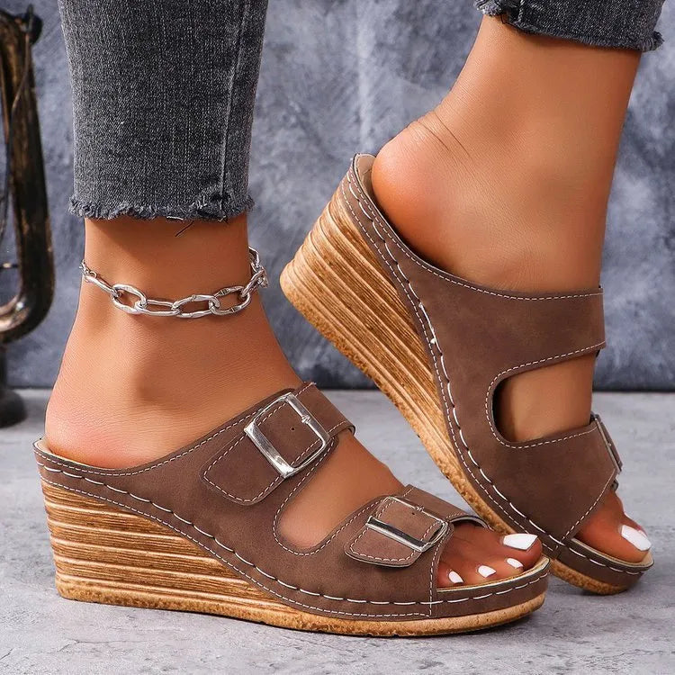 Women's beach slippers with outer wedge belt buckle in creamy-white, black, or maroon colours