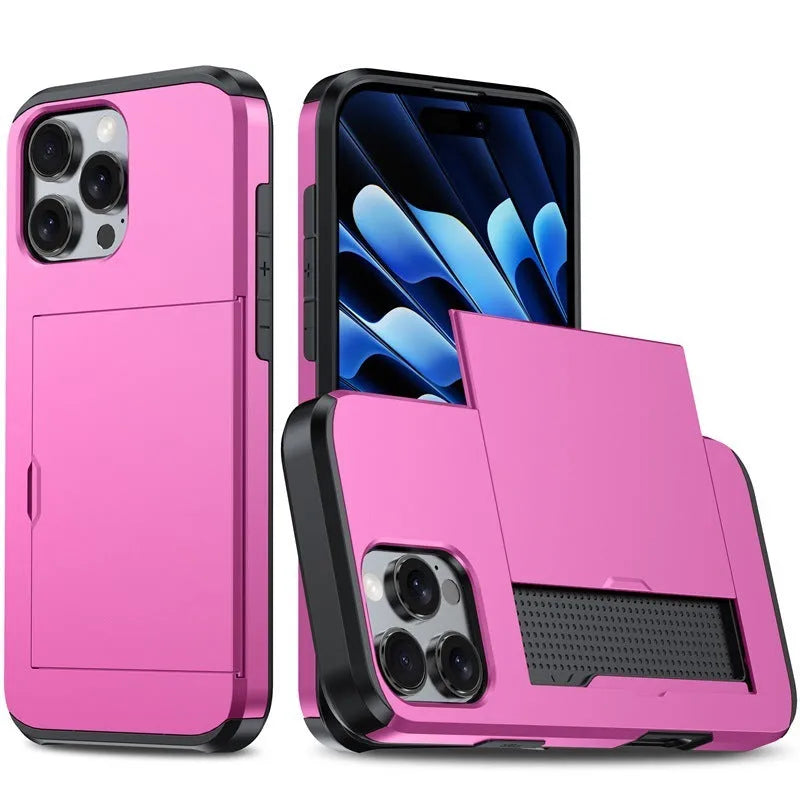 Two-in-one mobile phone case with sliding card holder for iPhone 16, TPU PC anti-drop protective case, available in Black