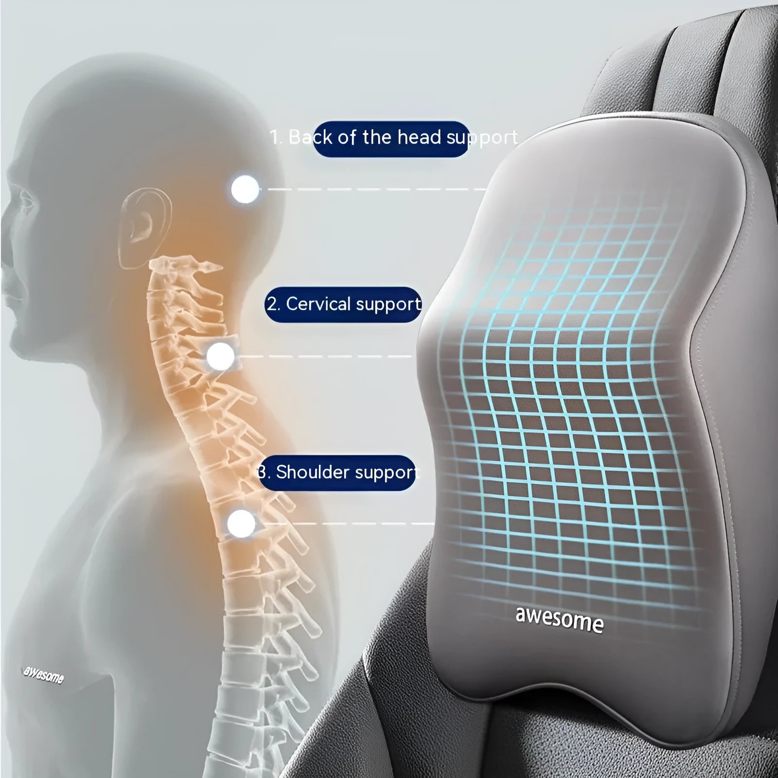 Black memory foam car headrest pillow and lumbar support pillow on a car seat