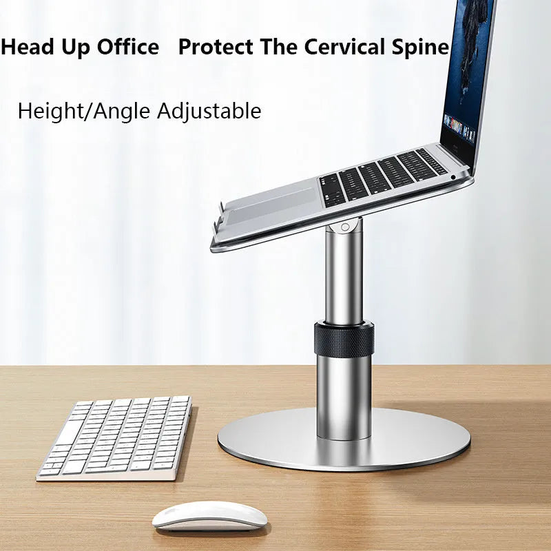 Aluminium car laptop stand showing height adjustment and 360-degree rotation in space grey colour
