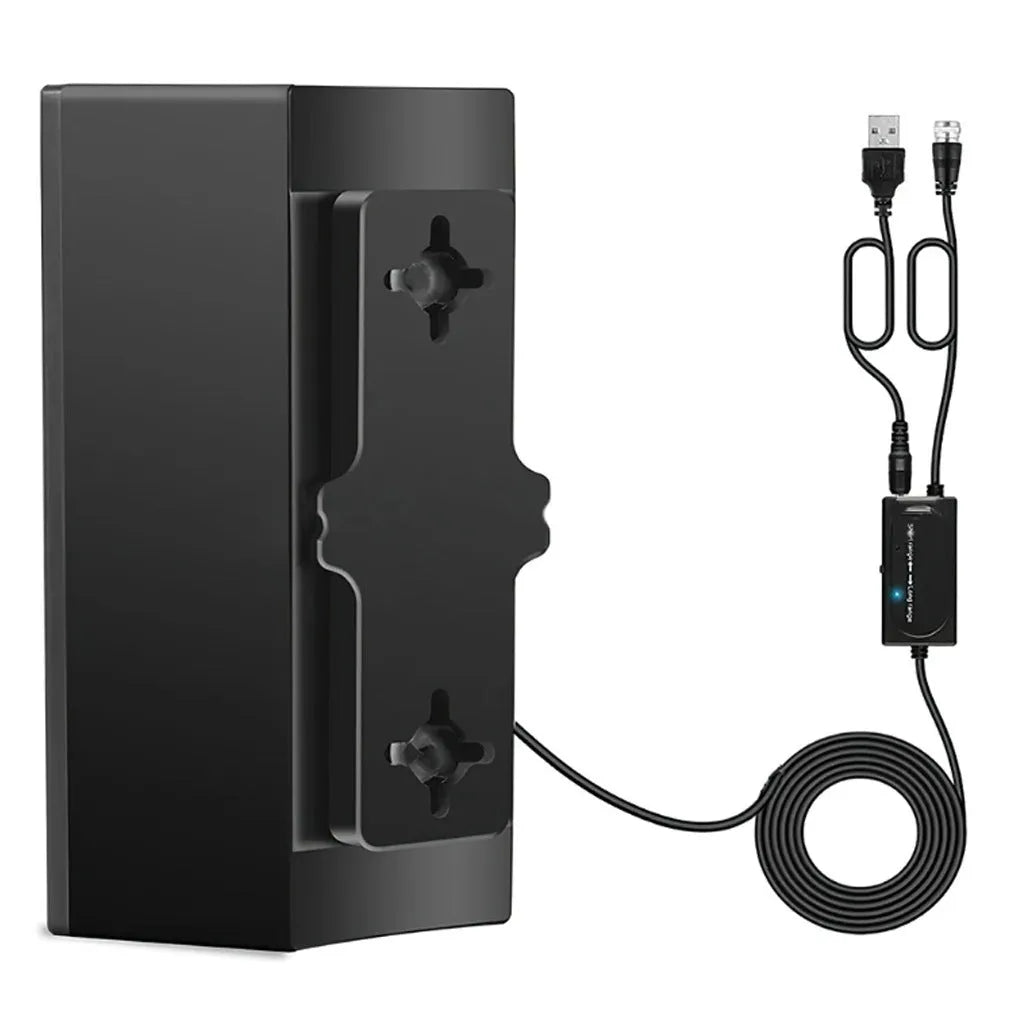 Black plastic digital HD television antenna with included mounting screws, expansion tubes, cable ties, and adhesive tape.