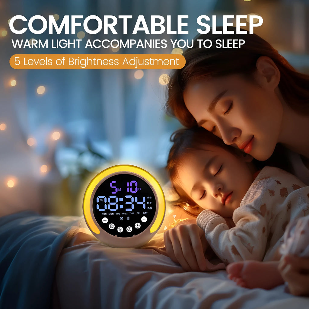 Multifunctional children's alarm clock in milky white ABS with RGB night light and wake-up light