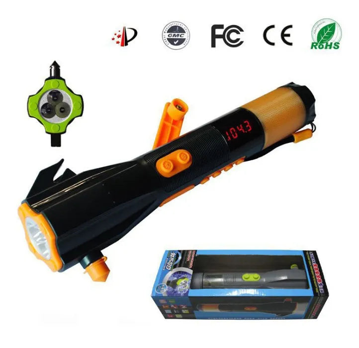 Orange and grey car safety hammer with window breaker, seat belt cutter, LED light, and AM/FM radio