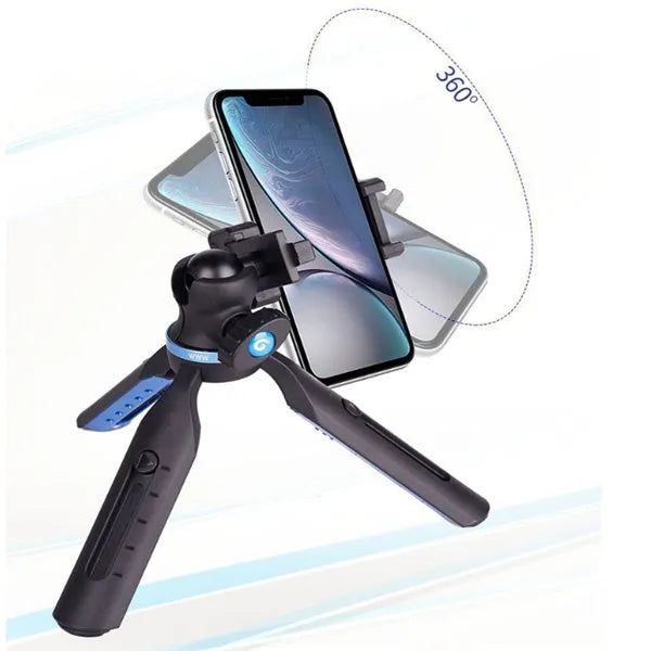 Black desktop tripod for mobile phones with aluminium alloy legs compatible with iPhone and Huawei P30 models