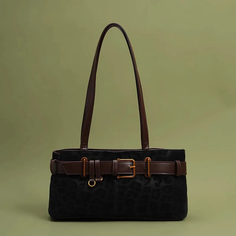 Retro leopard print PU shoulder bag in brown, compact horizontal square shape with double straps, 30x15x10cm.