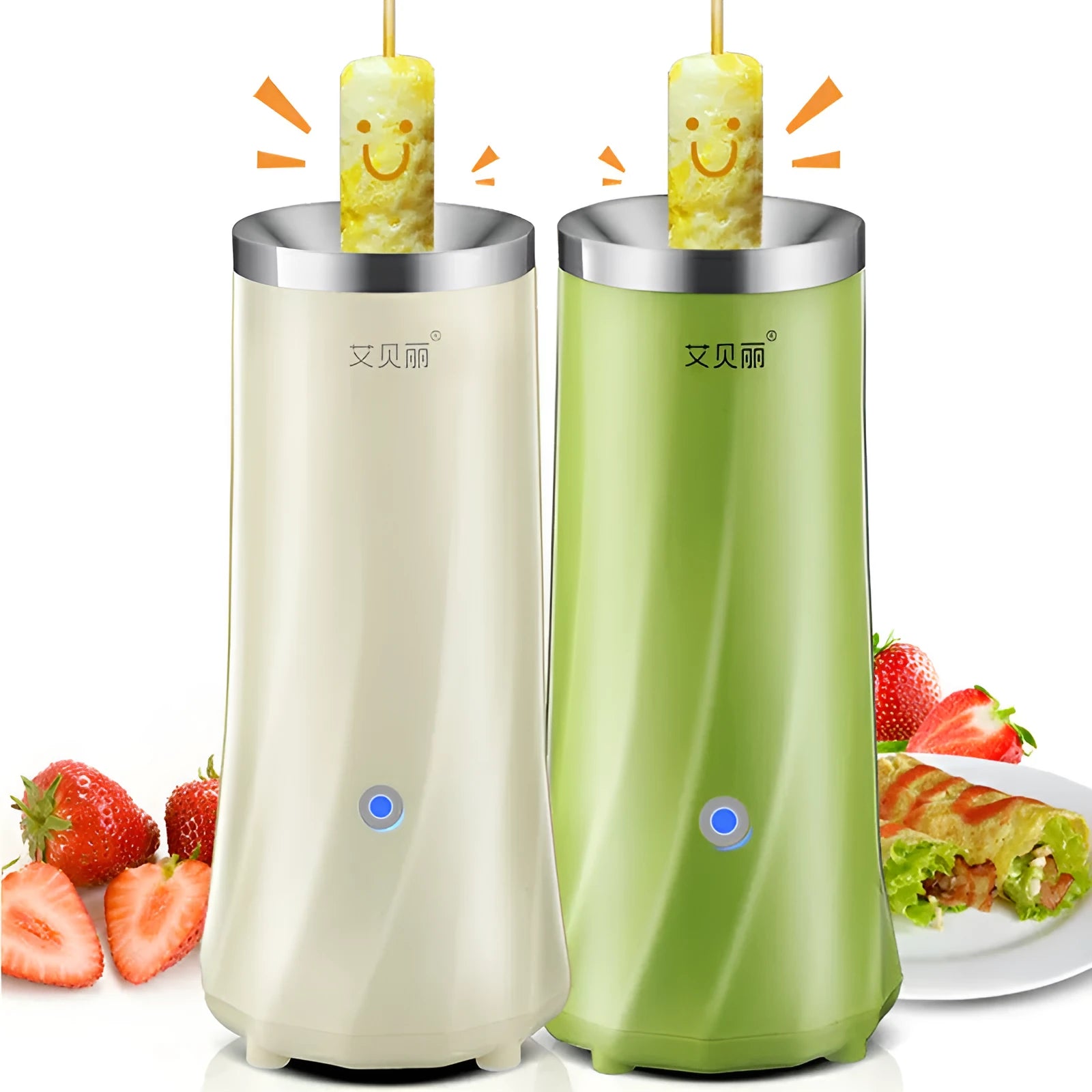 Beige white mini breakfast machine compact automatic kitchen appliance on countertop