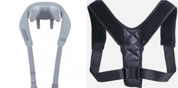Grey elastic fabric portable massager with USB charging cable for neck back and waist infrared physiotherapy