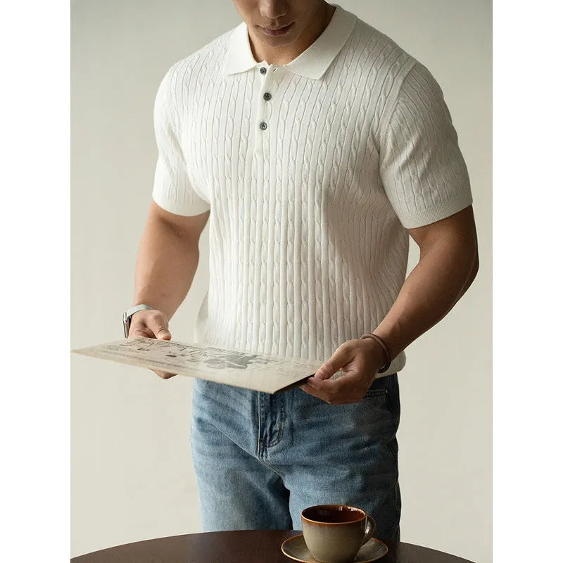 Men's short sleeve casual polo top in khaki colour, laid flat to show design.