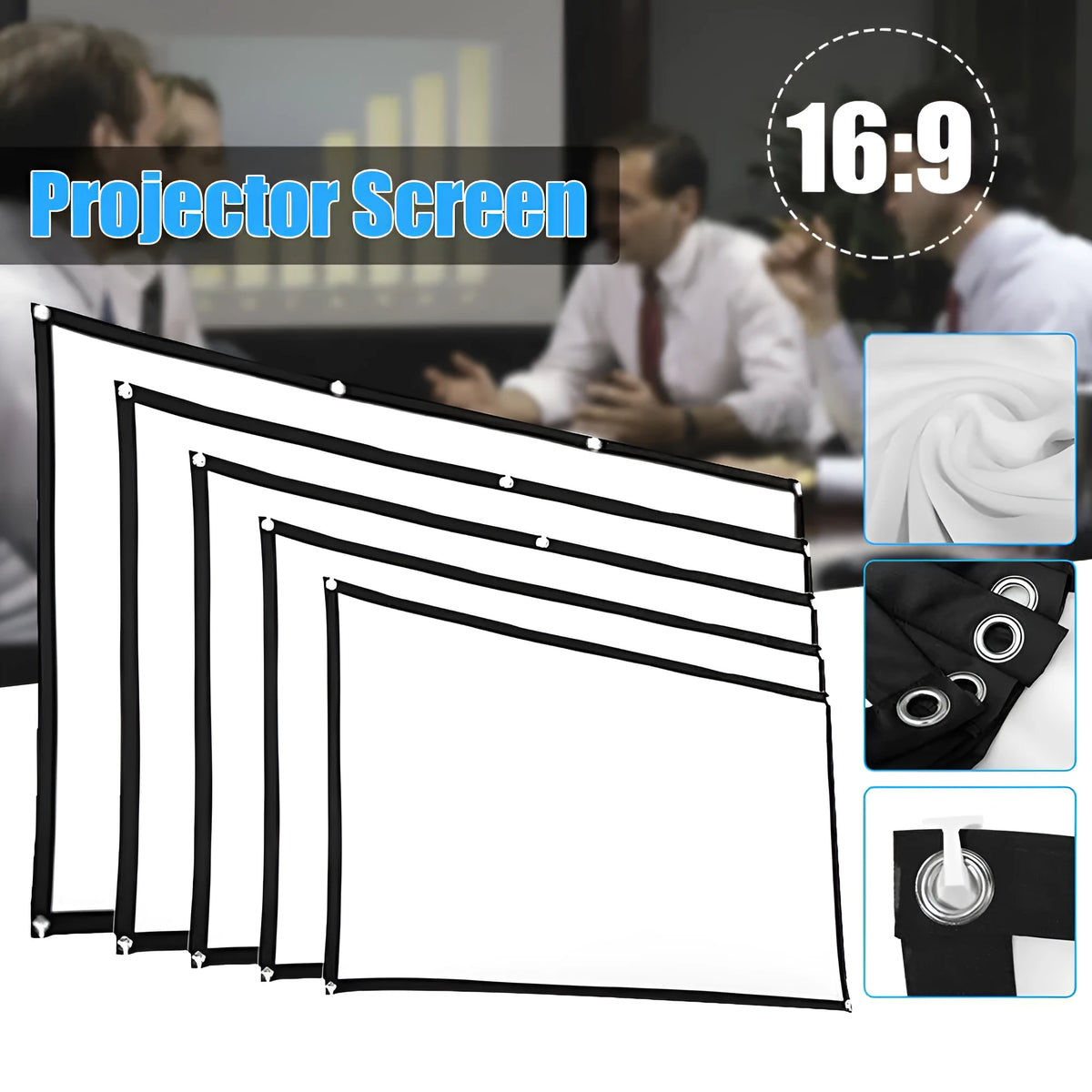Foldable 16:9 projector screen in white polyester, 60-150 inch sizes, with edge hooks for HD home theatre