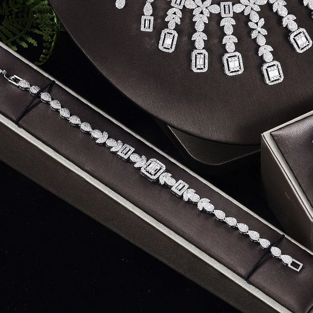 White zircon copper jewellery set with necklace, earrings, bracelet, and ring for women
