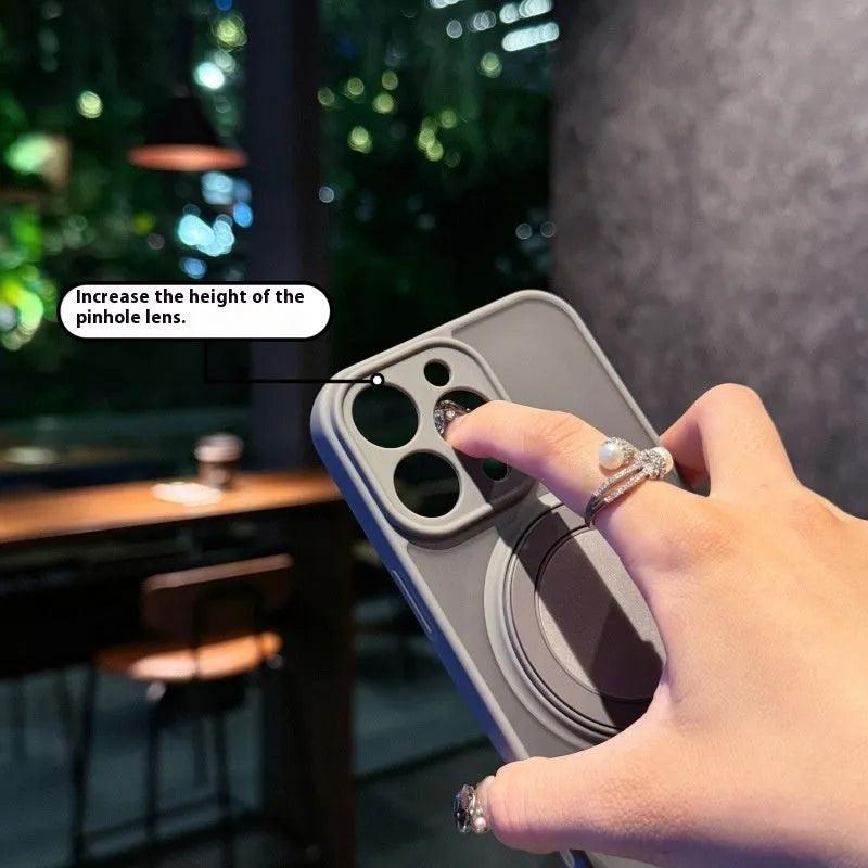 Magnetic suction pivot phone case with invisible bracket and frosted finish for iPhone