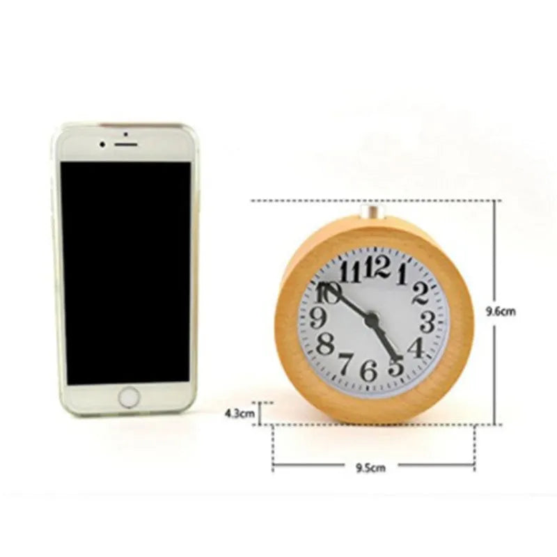 Solid beech wood analogue alarm clock with a white dial and small mirror.