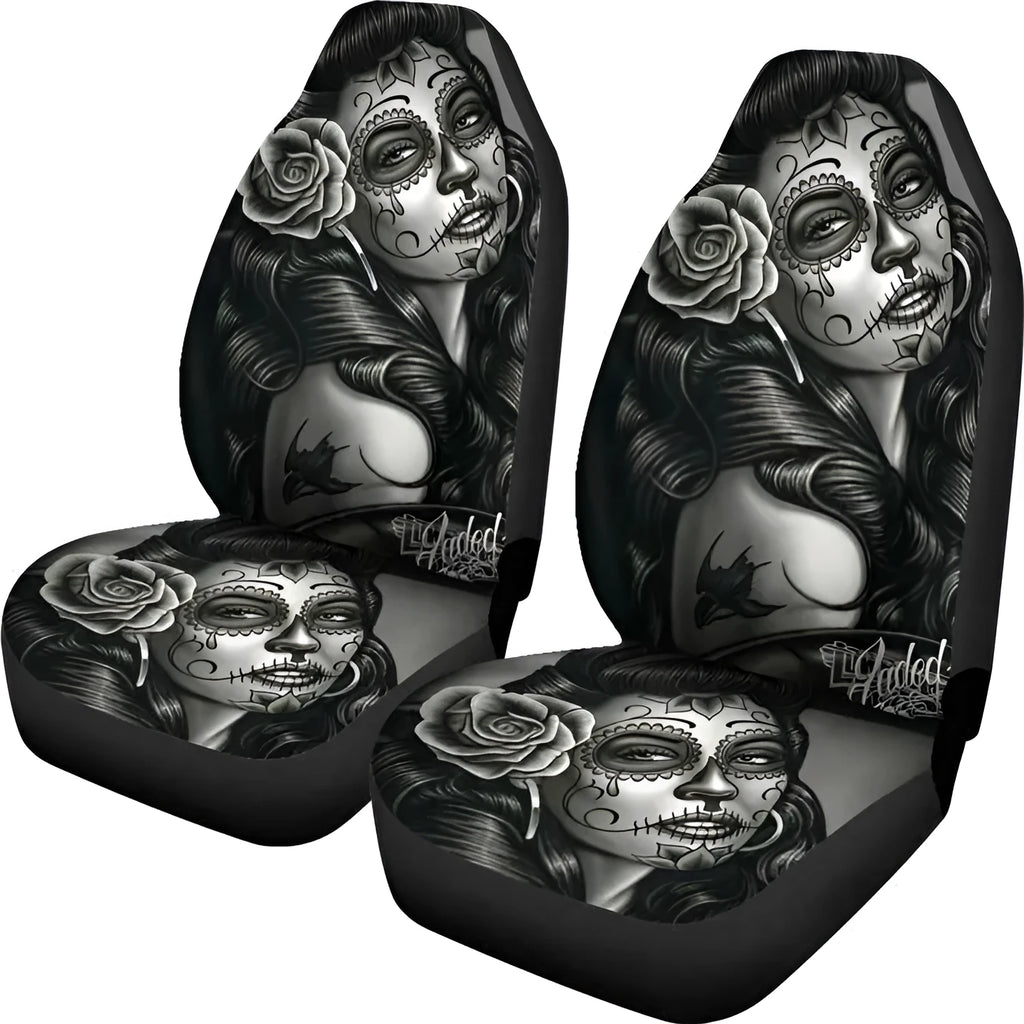 Black and white tattooed woman high back print car seat cover in fabric with ice silk finish, single or double seat option