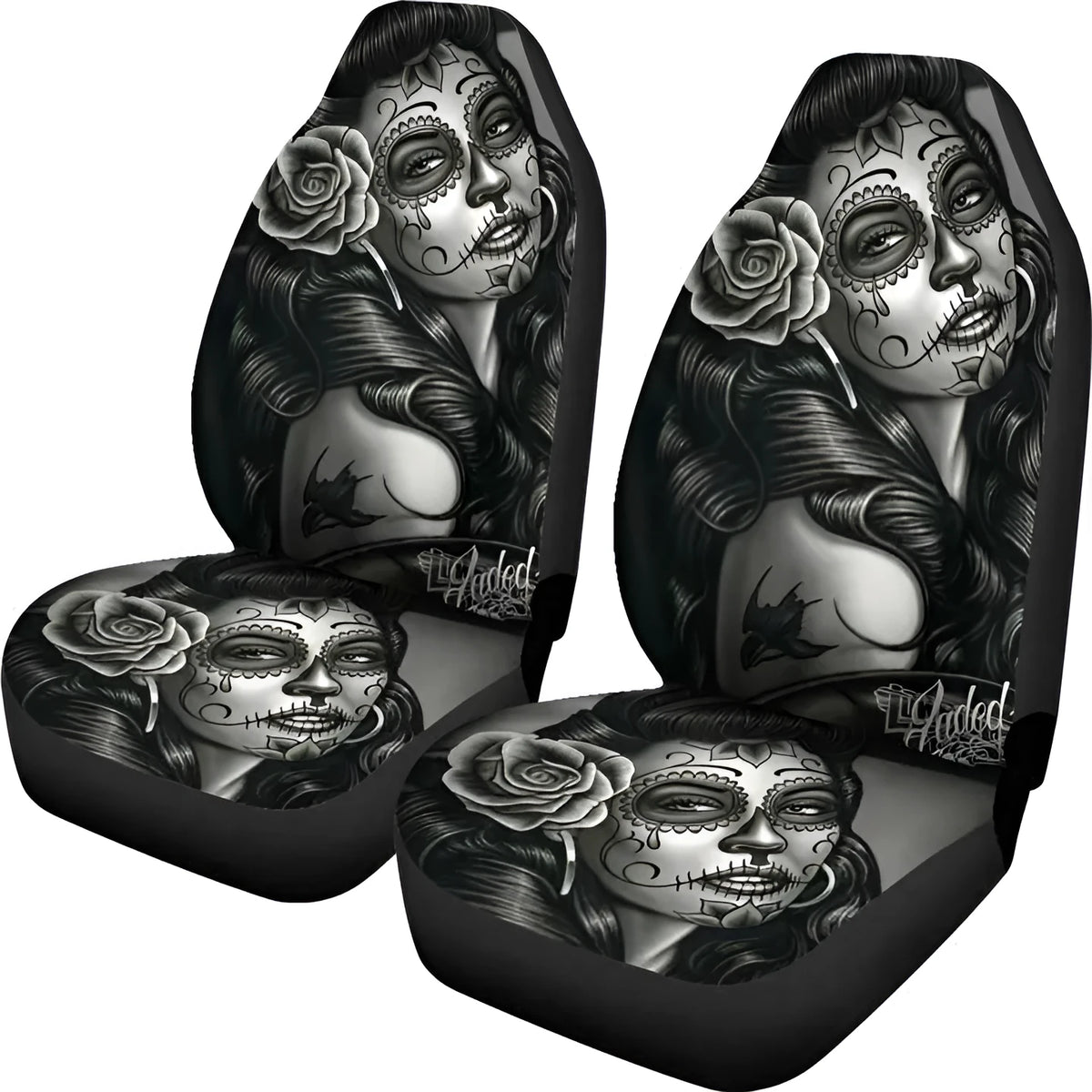 Black and white tattooed woman high back print car seat cover in fabric with ice silk finish, single or double seat option