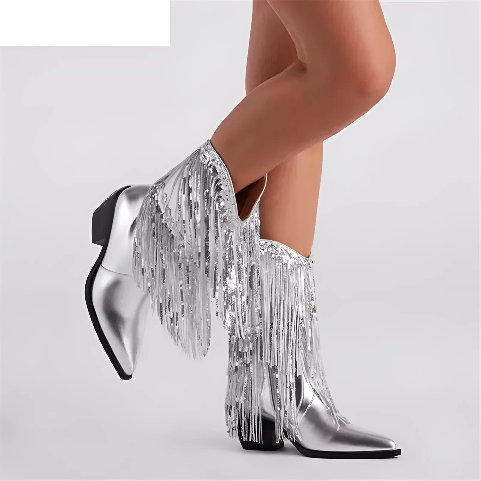 Women's black chunky heel tassel ankle boots with a pointed toe and high stiletto heel.