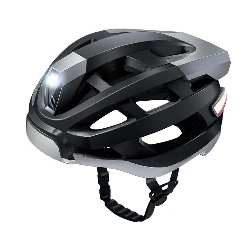 Black and grey smart cycling helmet with integrated warning light, adjustable for adult head sizes 57-62cm.