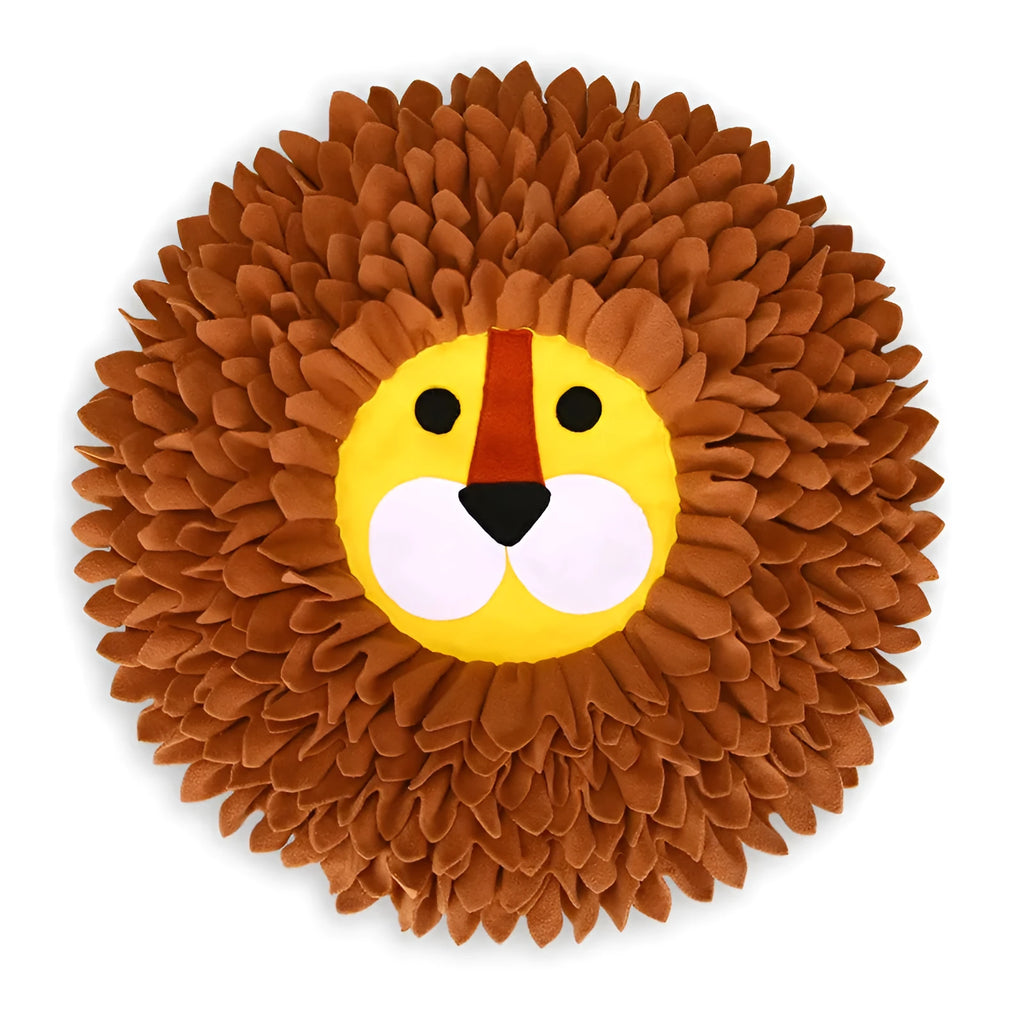 Brown lion-shaped plush sniffing pad blanket for dogs and cats with treat-hiding pockets.